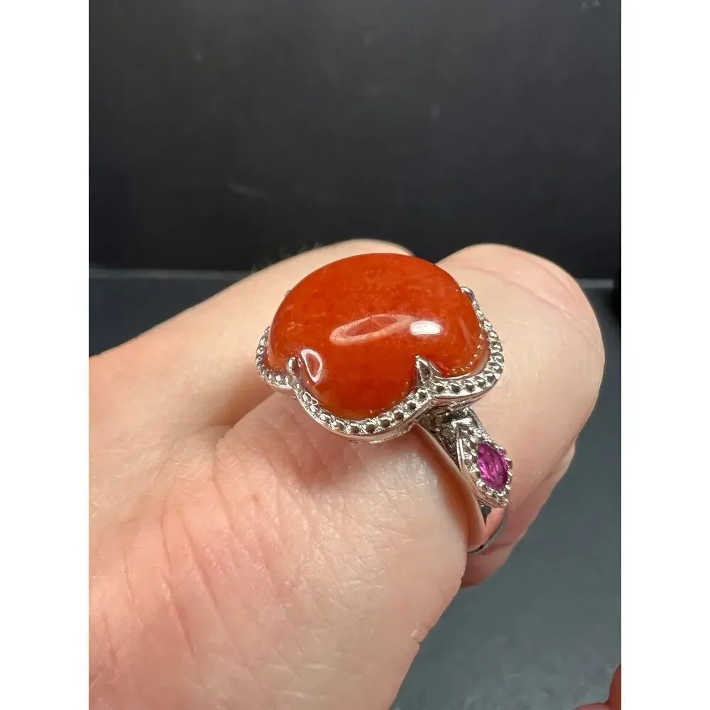 NEW cherry red jade and ruby blossom ring in rhodium over sterling silver size 6